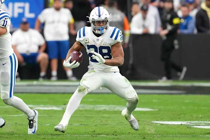 Nov 13, 2022; Paradise, Nevada, USA; Indianapolis Colts running back Jonathan Taylor (28) gains yardage against the Las Vegas Raiders during the first half at Allegiant Stadium. Mandatory Credit: Stephen R. Sylvanie-USA TODAY Sports